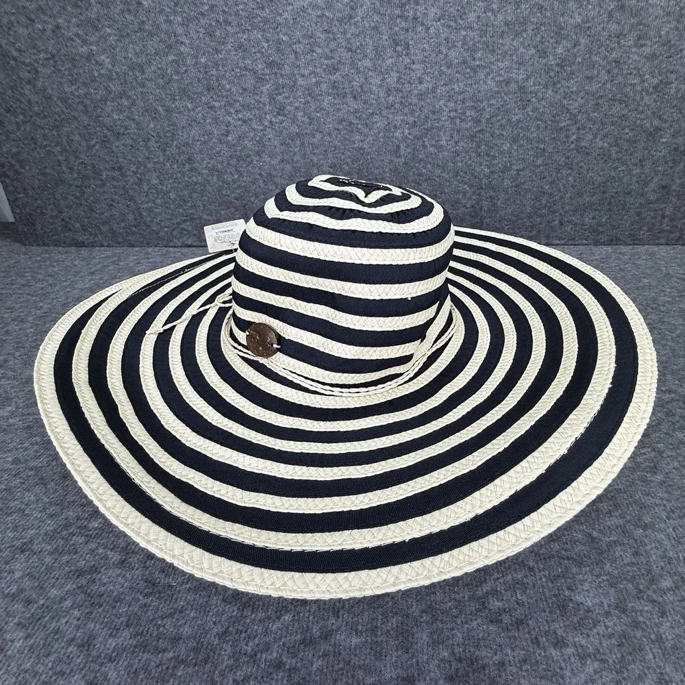 PANAMA JACK Floppy Sun Hat Womens OS Wide Brim Beige White Striped Resort Hat